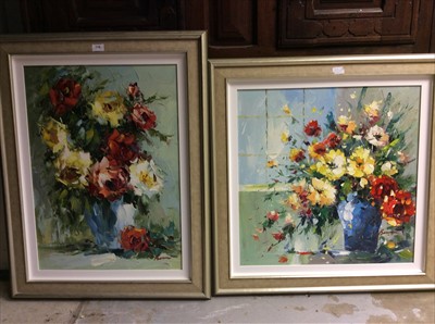 Lot 492 - Continental school, 20th century, two oils on canvas - still life of summer flowers, indistinctly signed, framed