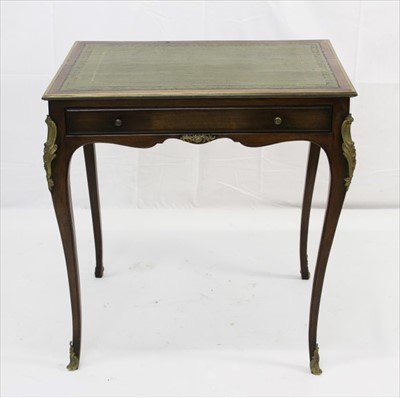 Lot 1691 - Late 19th / early 20th century Continental mahogany writing table with rosewood crossbanding and brass mounts, with single drawer, on cabriole legs, 52cm x 72cm