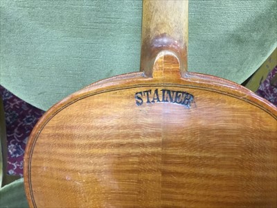 Lot 3565 - 20th Century violin marked Stainer, in an antique mahogany violin box