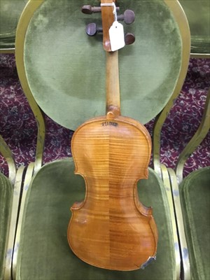 Lot 3565 - 20th Century violin marked Stainer, in an antique mahogany violin box