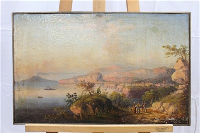 Lot 1525 - 19th century Italian school oil on canvas - The Bay of Naples, 37cm x 60cm, together with an accompanying oil by the same hand - a mountainous riverscape (2)