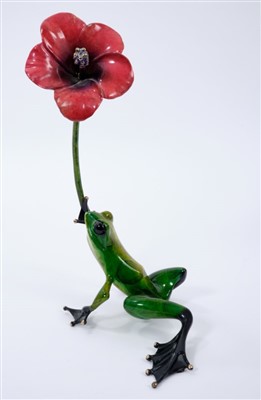 Lot 1252 - Tim Cotterill ‘Frogman’ enamelled bronze sculpture - Frog with lily, signed and numbered 668/2000, 27cm high