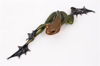 Lot 1253 - Tim Cotterill ‘Frogman’ enamelled bronze sculpture - Stretching frog, signed and numbered 171/2000