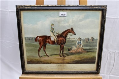 Lot 1529 - J. F. Herring, three 19th century hand coloured engravings - famous racehorses, Barefoot, St. Giles and another unnamed, in ebonised frames 
 Provenance: The Georgina Fairholme Collection