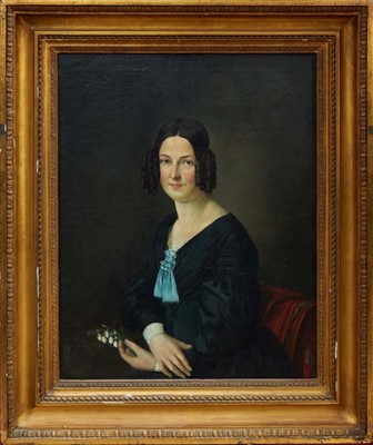 Lot 1532 - Victorian English school oil on canvas - portrait of a lady holding snow drops, in gilt frame, 80cm x 64cm