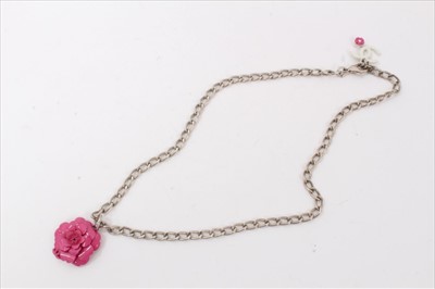 Lot 3350 - Chanel Camélia pink enamel necklace and Chanel Camélia white fabric brooch