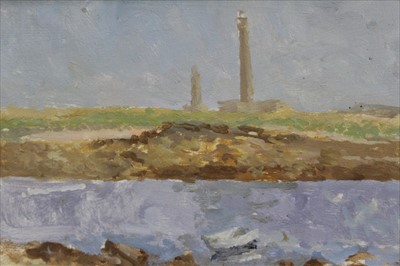 Lot 1548 - *Fred Dubery (1926 - 2011) oil on board - Lighthouse and Semaphor Marche, framed 13cm x 18cm