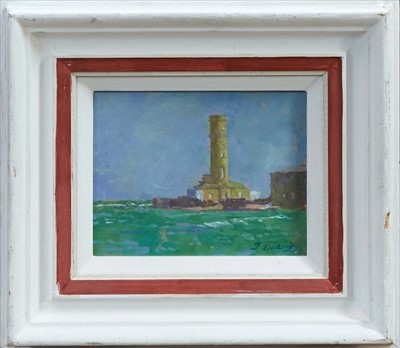 Lot 1549 - *Fred Dubery (1926 - 2011) oil on board - Lighthouse off the coast, framed, 13cm x 17cm