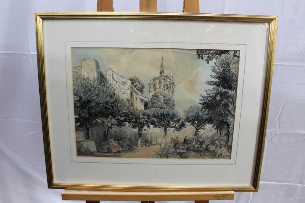 Lot 396 - Dennis Flanders (1915 - 1994) Watercolour and Ink - Market Square, in glazed frame, 30cm x 43cm