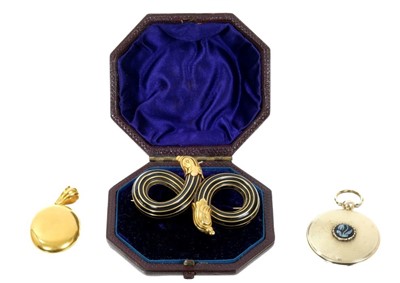 Lot 765 - Mid Victorian gold and black enamel entwined double scroll brooch dated 1864, Victorian gold oval locket engraved ‘Helen,Christmas 1874’ and an early Victorian gold mourning locket dated 1850 (3)