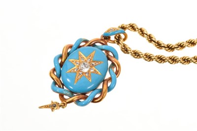 Lot 767 - Victorian gold diamond and turquoise enamel pendant with diamond star motif, entwined border and glazed compartment to the reverse, on a Victorian gold rope twist chain with finely engraved barrel...