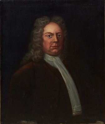 Lot 1577 - 18th century English school oil on canvas - portrait of a Gentleman in wig and brown coat, unframed, 74cm x 62cm