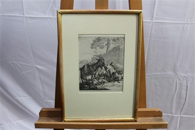 Lot 1595 - Group of 17th and 18th century engravings and etchings to include: Johann Roos etching of livestock, two etching and mezzotints after Claude Lorraine, mezzotint after Philippe Mercier and an 18th c...