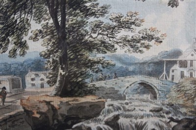 Lot 76 - Late 18th century American school watercolour - a waterfall with houses beyond, tondo, in glazed frame, 18cm diameter