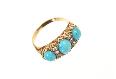 Lot 776 - Late Victorian gold turquoise and diamond ring with three oval turquoise cabochons interspaced by six old cut diamonds in gold claw setting on gold shank. Finger size N.