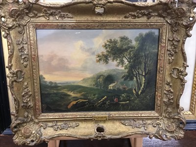 Lot 1418 - John Berney Ladbrooke (1803-1879) oil on panel - an extensive landscape with a figure seated on a log, in gilt frame, 19cm x 26cm  
 Provenance: Eastbourne Fine Art, March 19th 1977