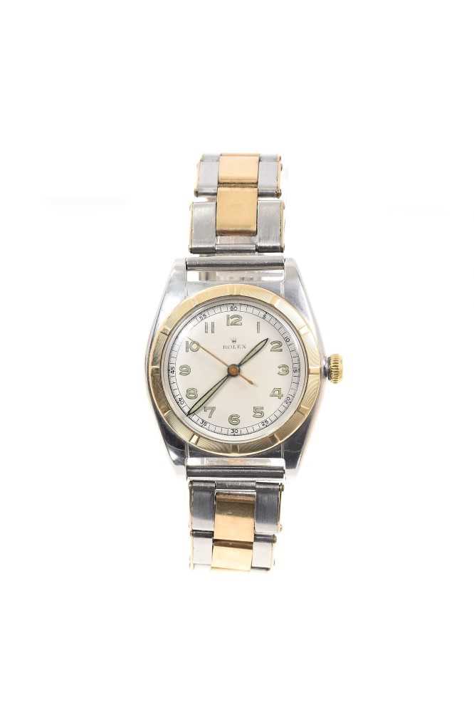 Lot 793 - Rare late 1940s Gentlemen’s Rolex bi-metal ‘bubble back’ wristwatch, model 5011, serial number 647988, circa 1949, the circular dial with luminescent Arabic numerals and hands, centre sweep seconds...