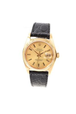 Lot 797 - Gentlemen’s Rolex Oyster Perpetual Datejust 18ct gold wristwatch, model 16018, serial number 5957332, with gold dial, applied gold baton hour markers and gold hands in 18ct yellow gold 36mm case wi...