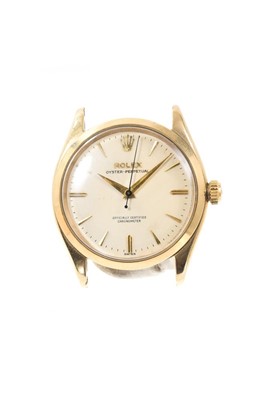 Lot 796 - 1950s gentlemen’s Rolex Oyster Perpetual gold wristwatch, model 6564, serial number 449946, 25 jewel 1030 movement numbered 910671, the circular dial with applied gold dart and baton hour markers a...