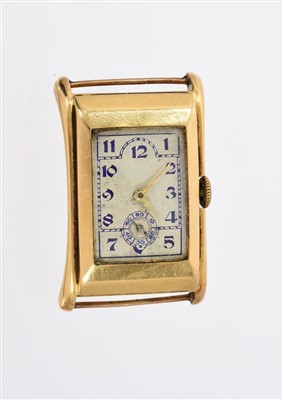 Lot 813 - Art Deco gentlemen’s Rotary Maximus Prince-style 18ct gold wristwatch, the rectangular dial with blue enamel Arabic numerals and subsidiary seconds in rectangular tank-shape case with tear drop lug...