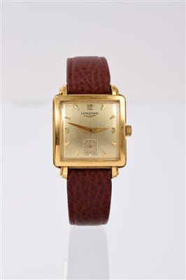 Lot 814 - 1950s Longines 18ct gold wristwatch with 17 jewel movement numbered 9487741, the square dial with Arabic and dart hour markers and square subsidiary seconds dial in square 18ct gold case with tear...