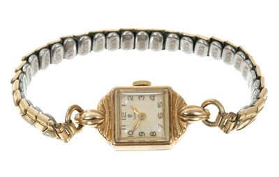 Lot 815 - 1940s lady’s Tudor gold wristwatch with square dial in 9ct gold case and plated bracelet