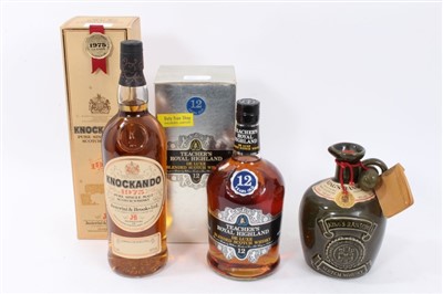 Lot 910 - Whisky - three bottles, Knockando 1975, boxed, Teacher's Royal Highland 12 Year Old, boxed and King's Ransom 12 Year Old in green glazed jug