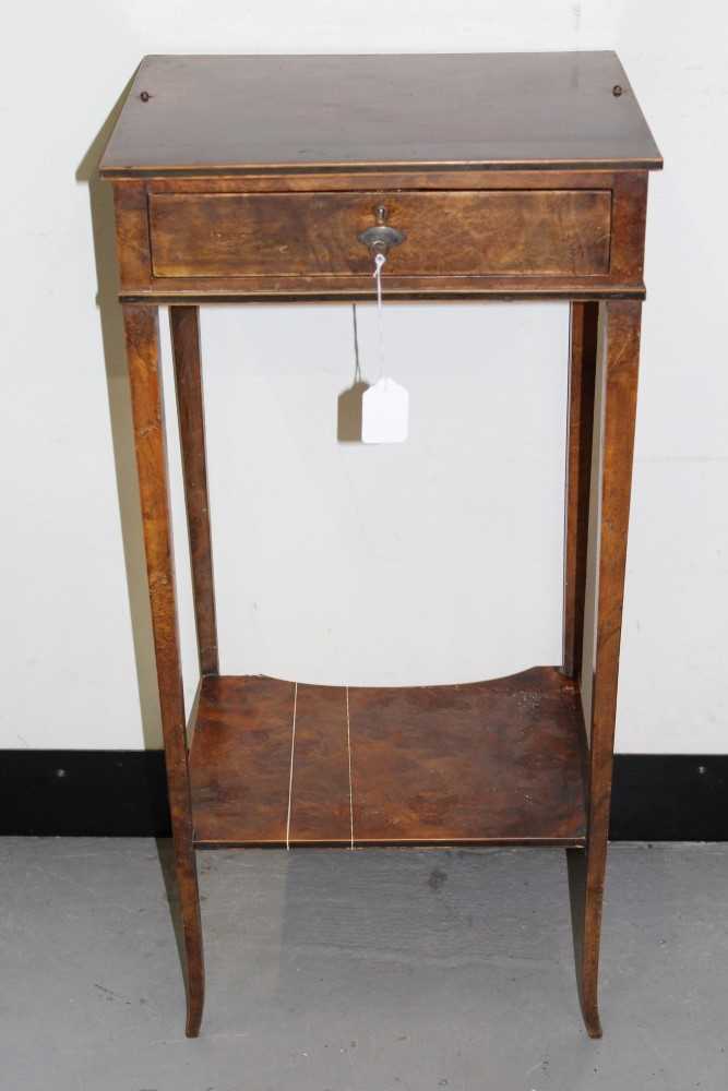 Lot 1746 - Regency burr yew wood two tier side table, with frieze drawer and shelf below on slender tapered legs