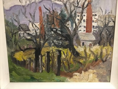 Lot 1613 - *Lucy Harwood (1893-1972) oil on canvas - Industrial Landscape Through The Trees, signed verso and titled, framed, 61cm x 51cm, remnants of a Ixion label verso