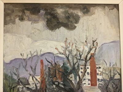 Lot 1613 - *Lucy Harwood (1893-1972) oil on canvas - Industrial Landscape Through The Trees, signed verso and titled, framed, 61cm x 51cm, remnants of a Ixion label verso