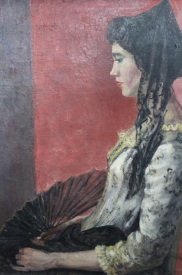 Lot 1608 - D. Morris, 20th century oil on canvas - The Mantilla, signed, framed, 59cm x 49cm