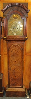 Lot 852 - Early 18th century longcase clock, with eight day striking movement, brass 12inch breakarch dial, with face mask spandrels, brass chapter ring, subsidiary seconds dial and calendar aperture, signed...