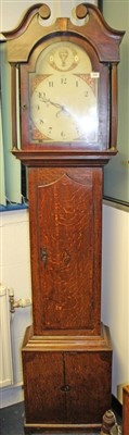 Lot 858 - Early 19th Century 30 hour longcase clock, the painted arched dial depicting a hot air ballon, subsidiary dates and painted spandrels, in inlaid oak case