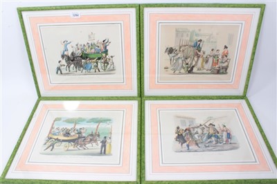 Lot 1294 - Decorative set of six 19th century Italian overpainted prints, depicting scenes of carnival, 24 x 29cm. glazed frames