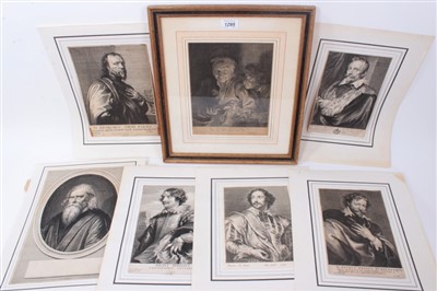 Lot 1295 - Paulus Pontius (1603-1658) copper engraving, Portrait of Peter Paul Rubens, inscribed to plate, 24 x 15cm, together with two others after Van Dyck and three similar engravings, one framed. (6)