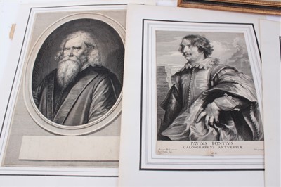 Lot 1295 - Paulus Pontius (1603-1658) copper engraving, Portrait of Peter Paul Rubens, inscribed to plate, 24 x 15cm, together with two others after Van Dyck and three similar engravings, one framed. (6)