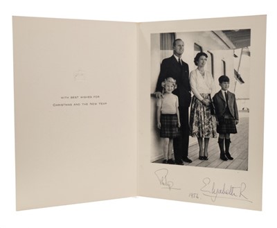 Lot 92 - H.M Queen Elizabeth II and H.R.H. The Duke of Edinburgh, signed 1956 Christmas card with gilt embossed crown to cover and photograph of the Royal Family on board the Royal Yacht Brittania.