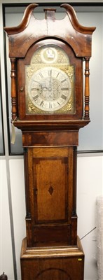 Lot 856 - George III and later longcase clock, with adapted three train movement striking on chimes, arched brass dial signed to the silvered chapter dial: Tho. Stringer, M Drayton, with subsidiary second an...