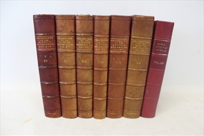 Lot 2327 - Proceedings of the Suffolk Archaeological Society 1849-1996, 38 Volumes, some freshly bound in red half-calf with vols 39 - 43 and 44 part I, 2017 (together - 21 parts covering 1997-2017 in soft bi...