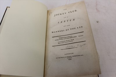 Lot 2345 - Newmarket - Newmarket is an Essay on the Turf, two vols. in one, 1775, original spine, damaged but laid down on a half-calf binding, Charles Pigott - The Jockey Club, 1794 with a treatise on Field...