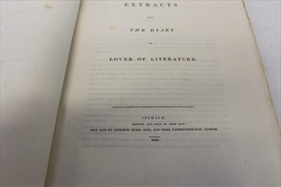 Lot 2373 - Thomas Green Esq. - Extracts from the diary of a Lover of Literature, published Ipswich 1810, half calf with marbled boards, together with ‘Memoirs of Thomas Green of Ipswich’ printed by John Raw,...