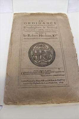 Lot 2374 - Commonwealth Ordinance - ‘...For the Letting and Confirmation of the Manors of Framlingham & Saxtead in the County of Suffolk...’ devised by Sir Thomas Hitcham, printed by Henry Hills, William...
