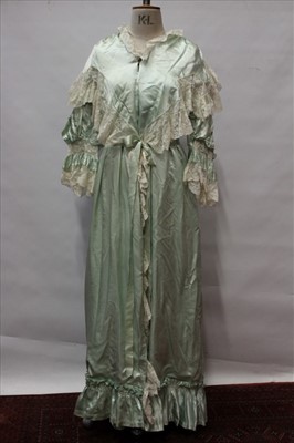 Lot 3086 - Ladies Edwardian pale green silk Peignoir with frilled lace trim, puffed and gathered sleeves. By William Owen (fancy draper),  Westbourne Grove, London.