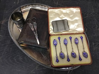 Lot 662 - Cased set of Continental enamelled silver teaspoons, silver compact, various plate