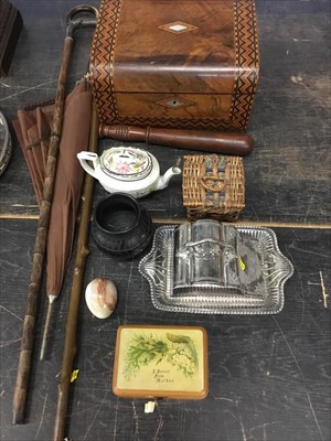 Lot 153 - Tunbridgeware writing slope, walking sticks, truncheon, other items