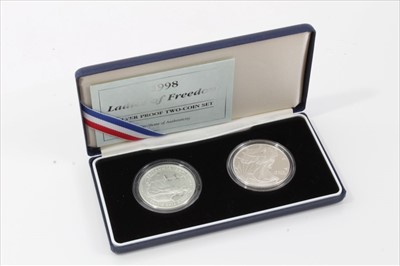 Lot 47 - G.B. The Royal Mint Ladies of Freedom silver proof two-coin set 1998 to include Britannia £2 of Liberty $1 (N.B. cased with Certificate of Authenticity) (1 coin set)