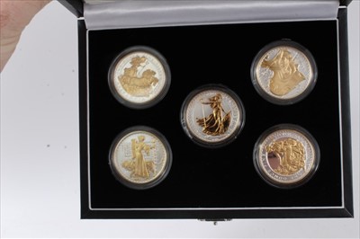 Lot 57 - G.B. The Royal Mint Britannia silver proof coin set 2006 with selected gold plating, containing five different £2 designs (N.B. cased with Certificate of Authenticity) (1 coin set)