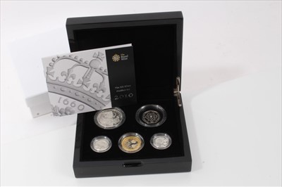 Lot 71 - G.B. The Royal Mint silver proof Piedfort five coin set 2010 to include 'Restoration of the Monarchy' £5 (N.B. cased with Certificate of Authenticity) (1 coin set)