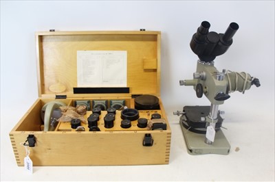 Lot 3589 - Vintage Russian microscope, with wooden case containing lenses, parts, etc