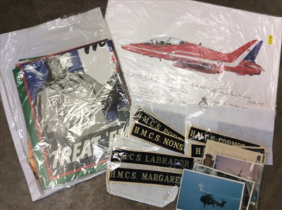 Lot 339 - Collection military prints, posters, postcards and Royal Navy cap tallies